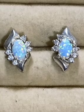 Sterling Silver, Opal And Cz Stud Earrings Signed Brilliant Flashes Of Color